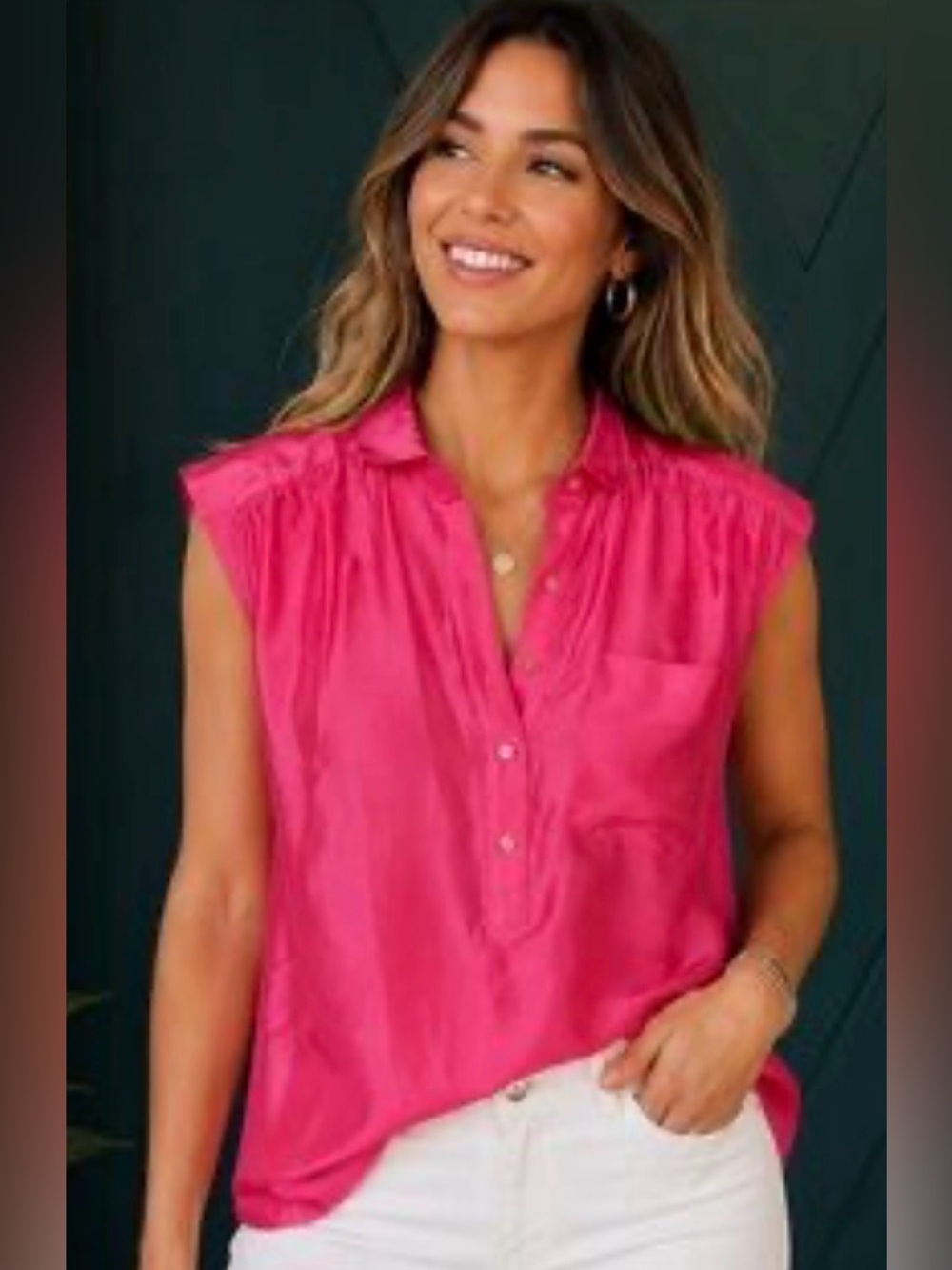 J. Crew Pink Silk Sleeveless Collared Button Placket Chest Pocket Tunic Size 12